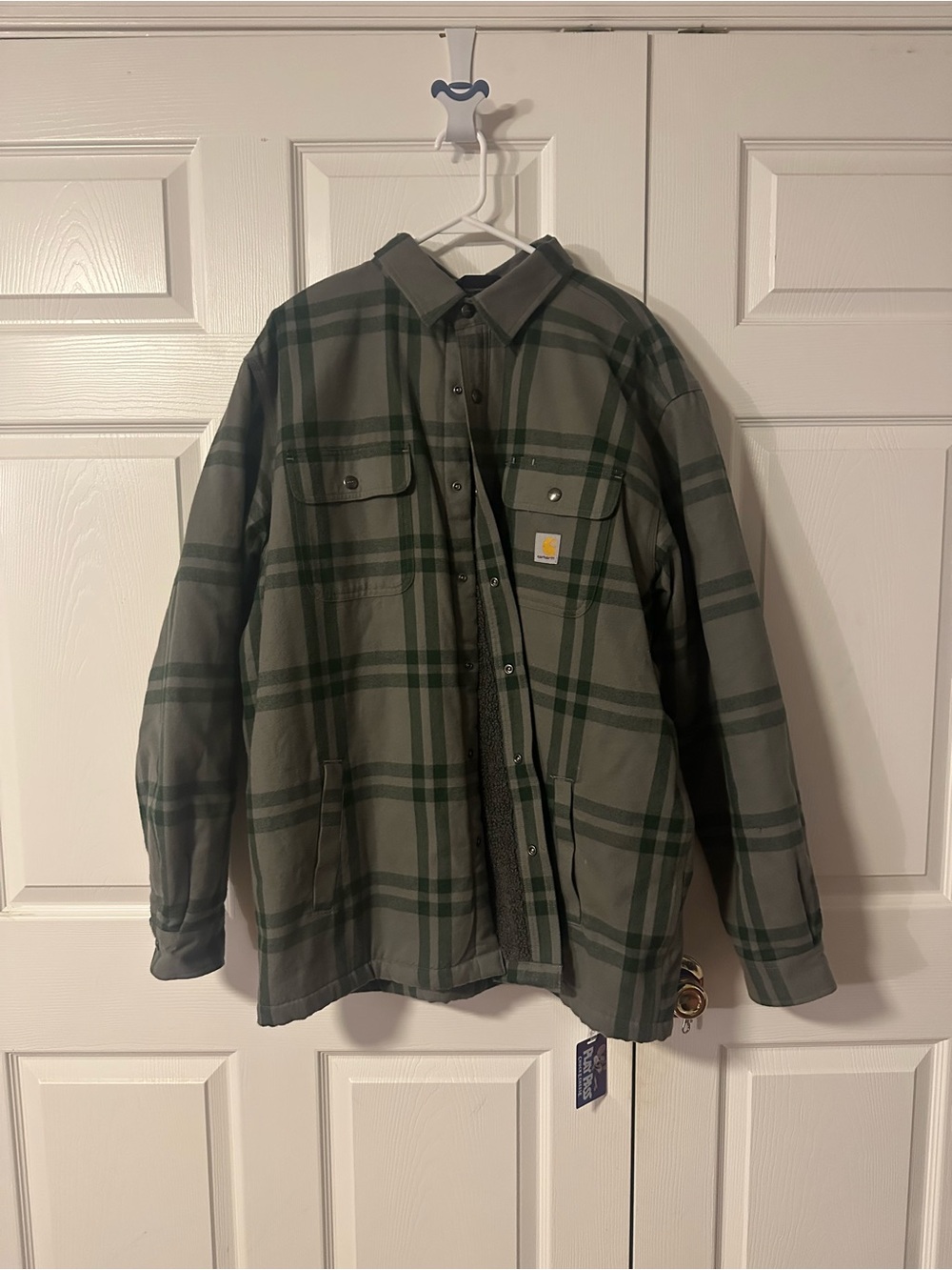 Mens Carhartt Flannel Sherpa Lined Plaid Snap Shirt Jacket Green/Black Sz XL